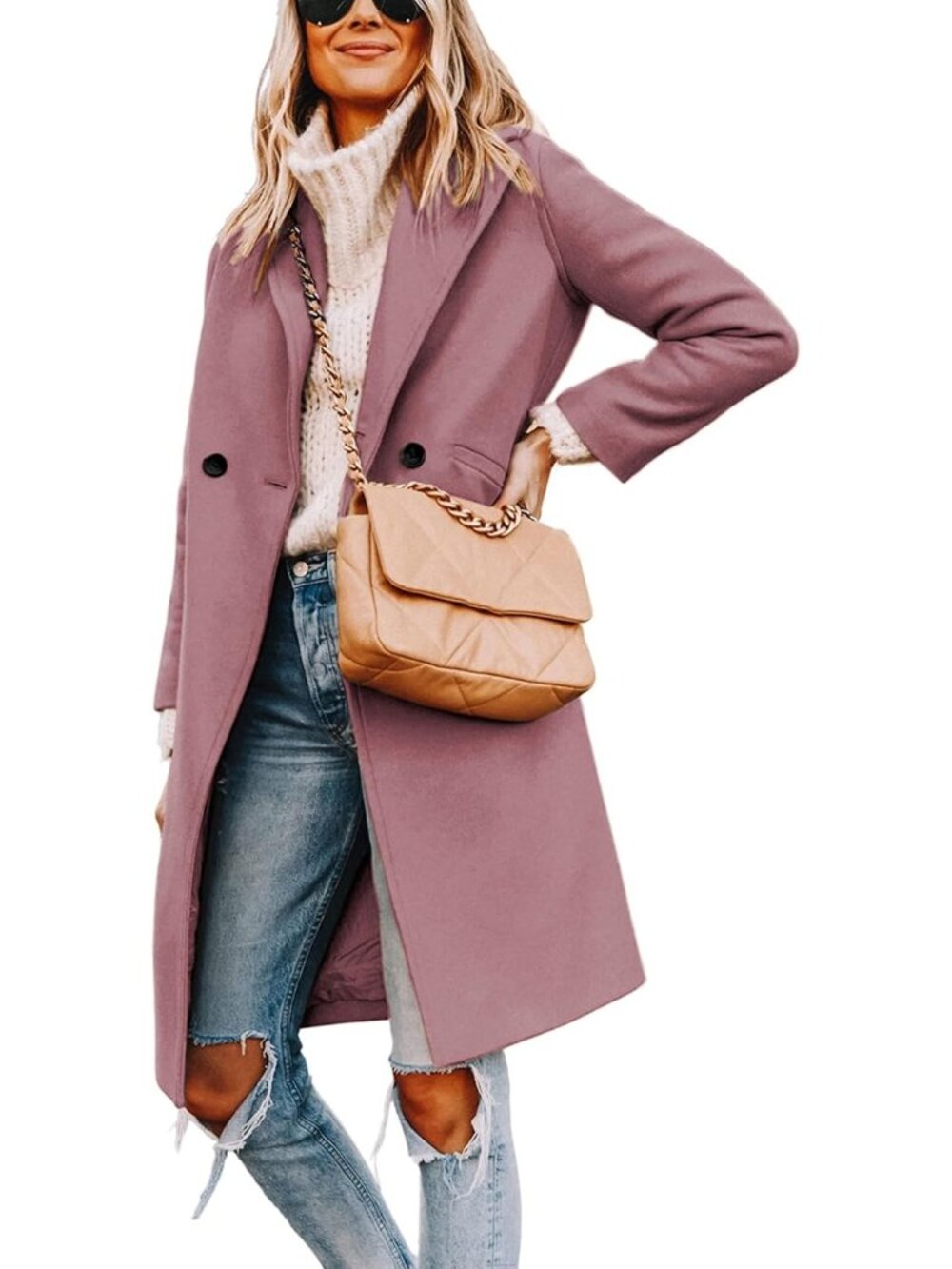 Women's Purple Wool Blend Notch Lapel Double-Breasted Mid-Long Trench Pea Coat
